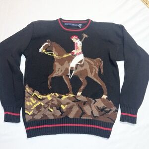 Vintage 90s Polo Player Sweater Womens S Equestrian Horse Intarsia Knit Preppy